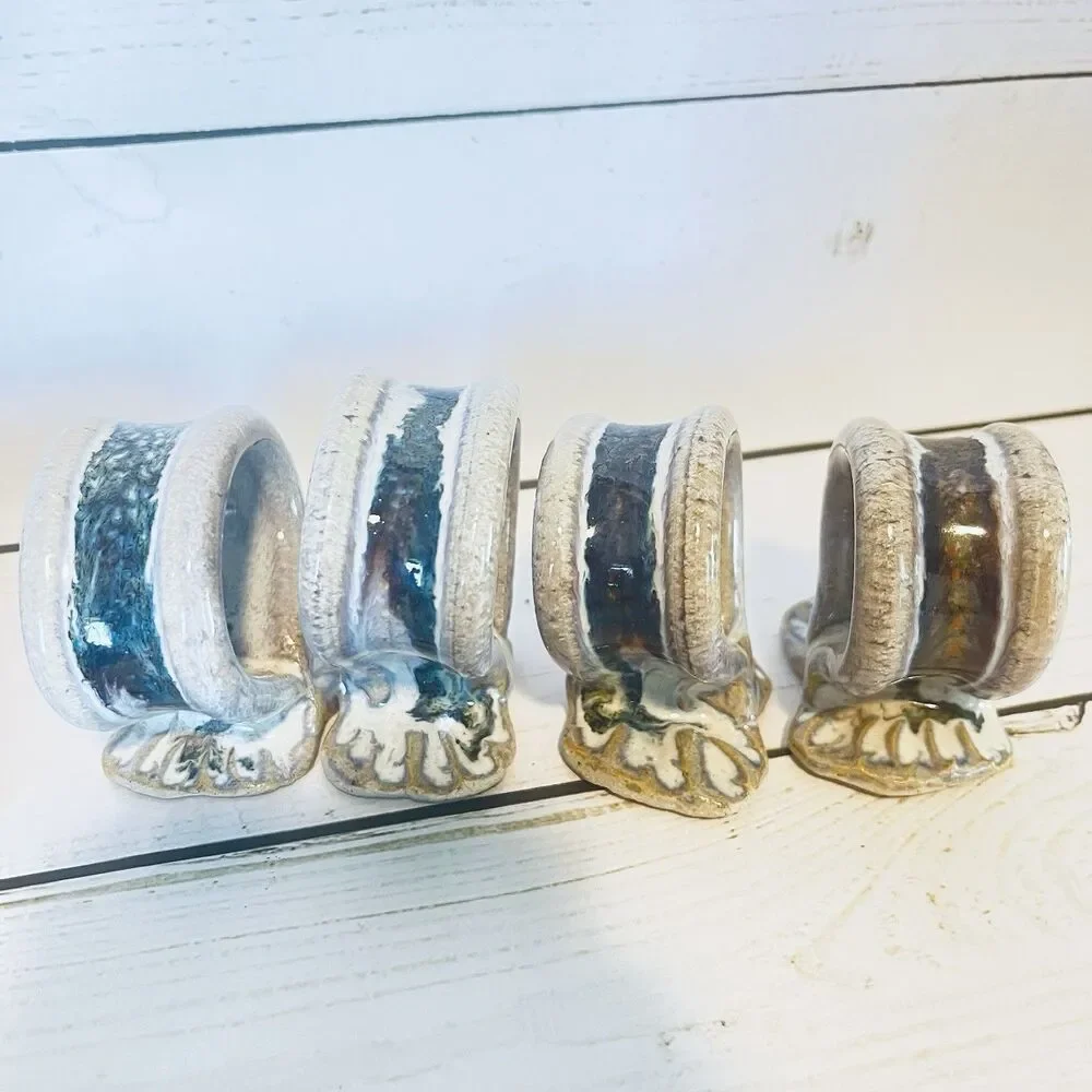 Handmade Ceramic Pottery Blue Napkin Rings Set of 12 Pc Blues Browns 2”h x 1”w